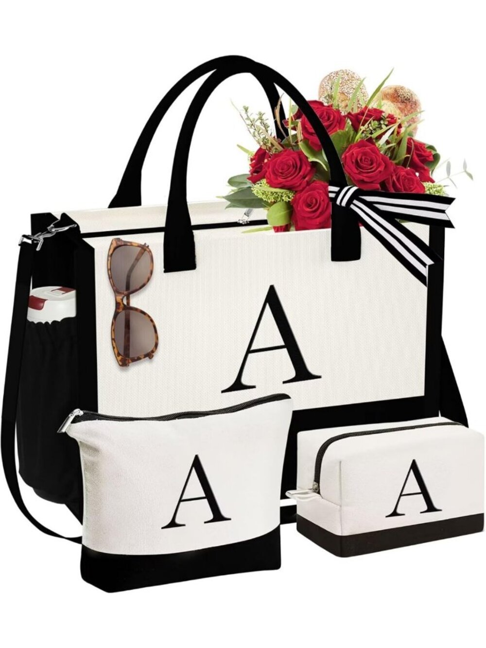 Personalized Initial Canvas Tote & Makeup Bags Set - Perfect Gifts for Women